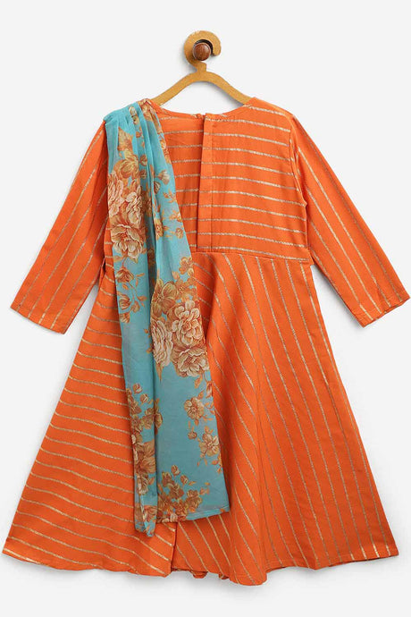 Girls Orange Crepe Gold Striped Printed Kids Dress Kurta With Attached Dupatta