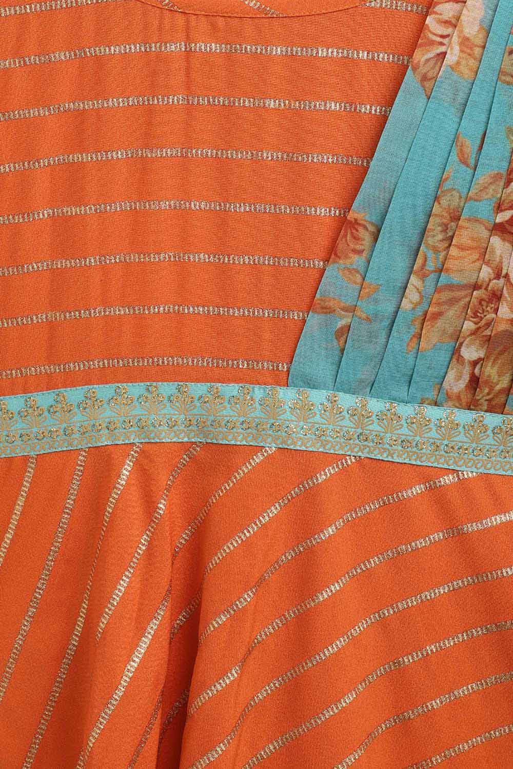 Girls Orange Crepe Gold Striped Printed Kids Dress Kurta With Attached Dupatta