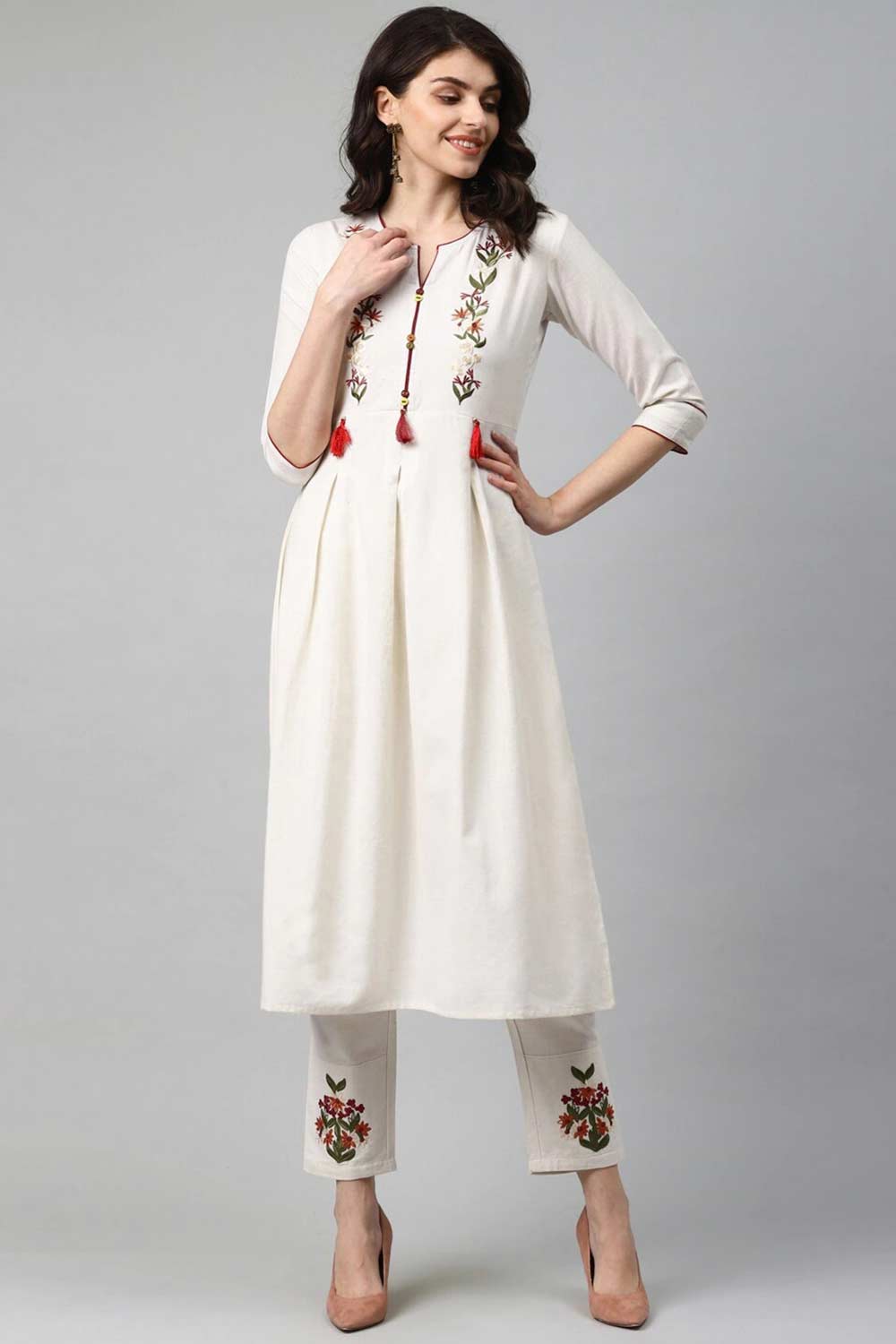 Buy Pure Cotton Embroidered Ready to Wear Kurta Set in Off White Online