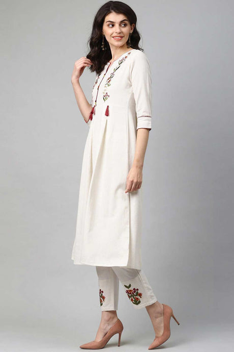 Buy Pure Cotton Embroidered Ready to Wear Kurta Set in Off White Online - Back