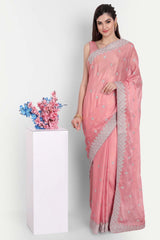 Pink Chiffon Silver Zari Embroidered  Saree