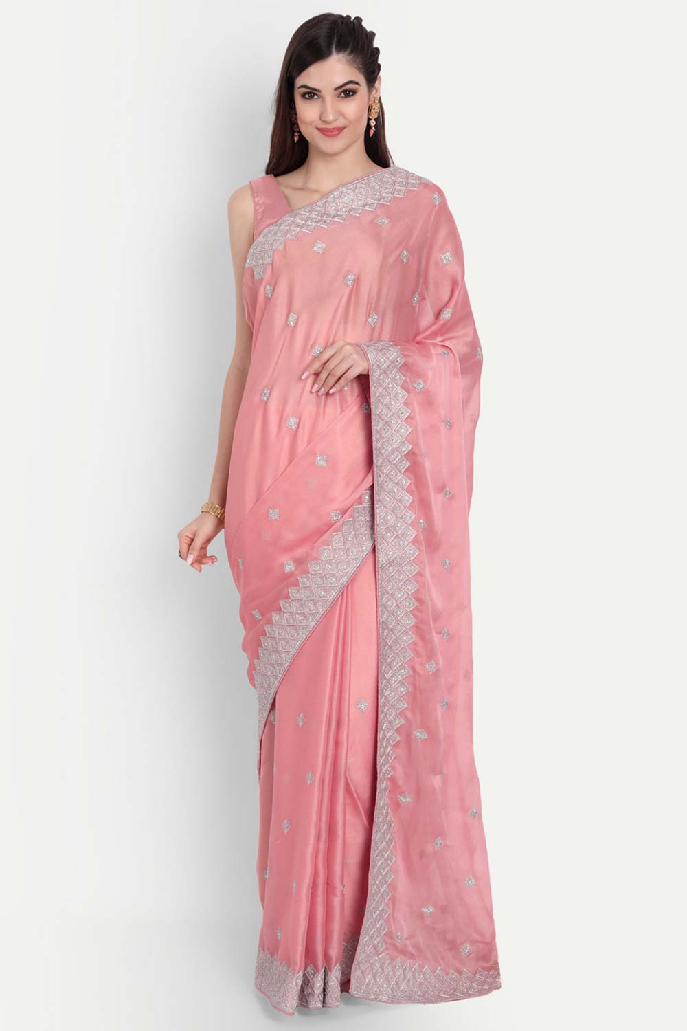 Pink Chiffon Silver Zari Embroidered  Saree