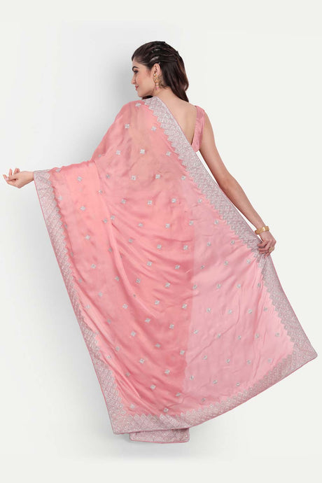 Pink Chiffon Silver Zari Embroidered  Saree
