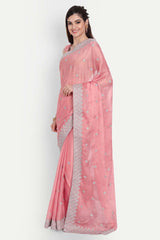 Pink Chiffon Silver Zari Embroidered  Saree