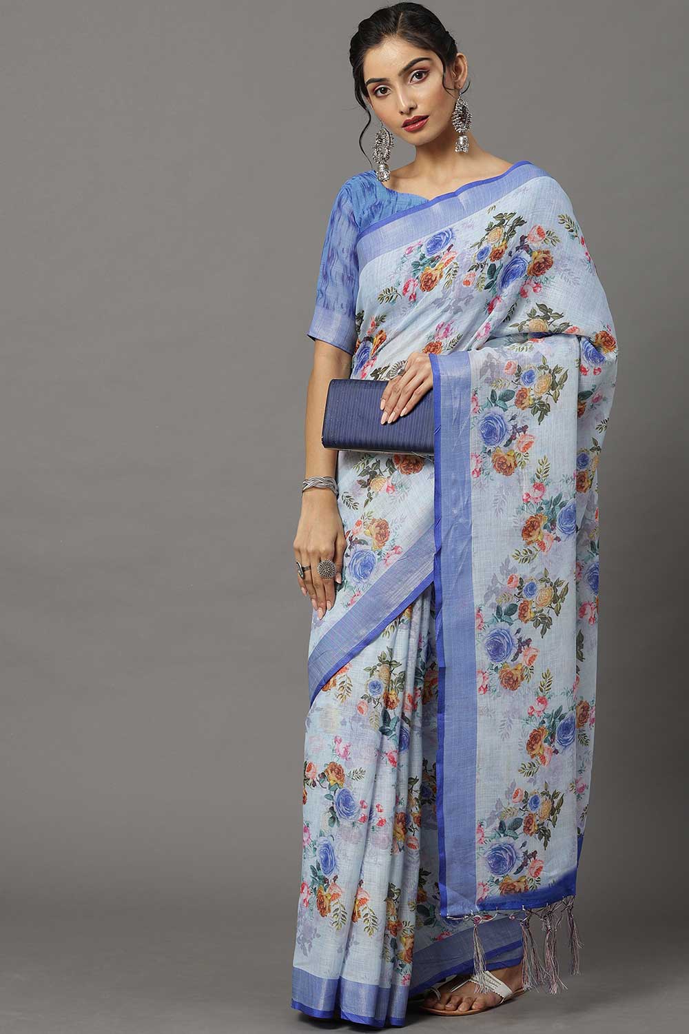 Buy Linen Banarasi Saree in Turquoise Online - Zoom In