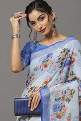 Buy Linen Banarasi Saree in Turquoise Online 