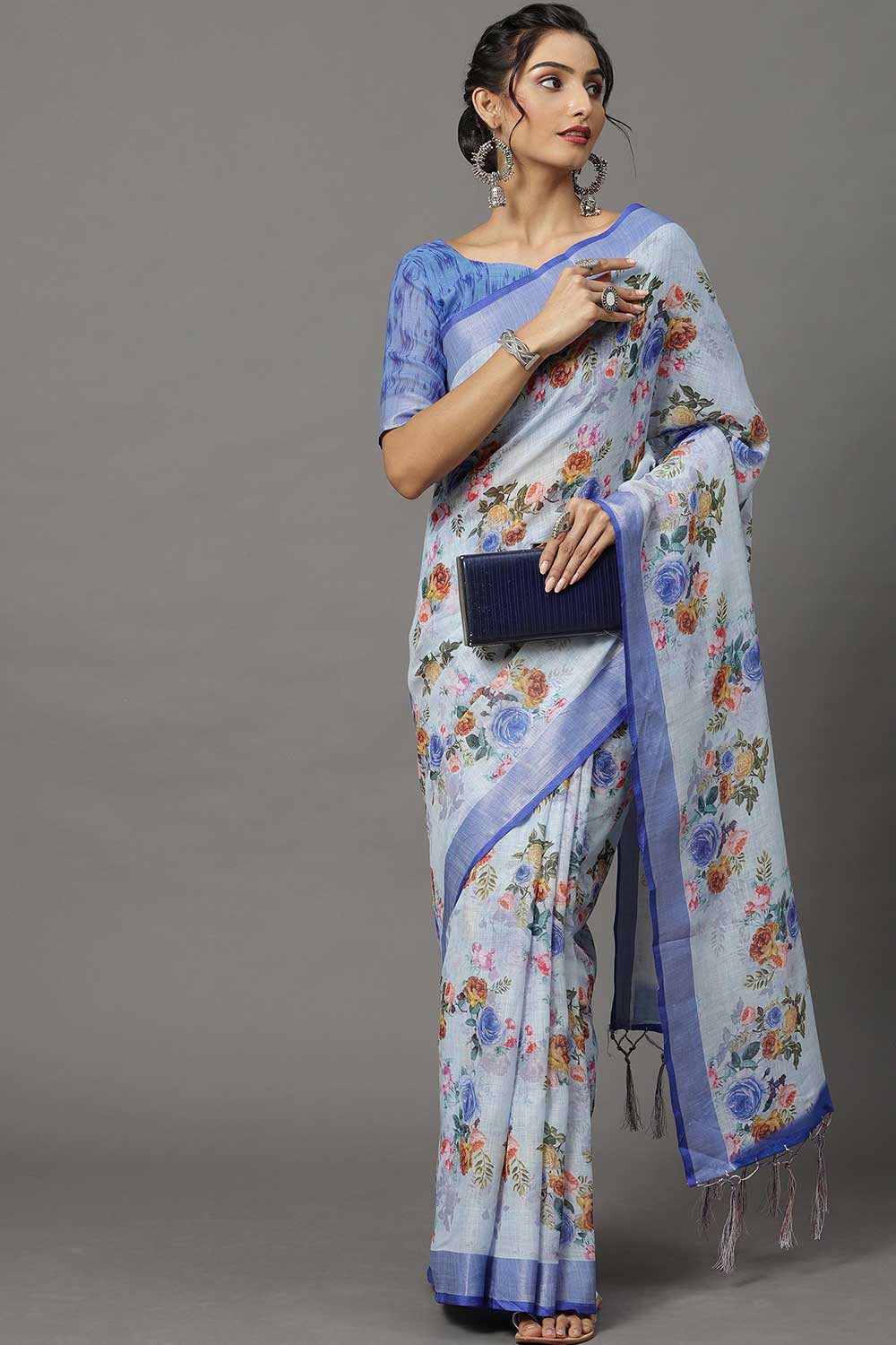 Buy Linen Banarasi Saree in Turquoise Online