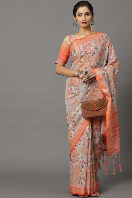 Buy Linen Banarasi Saree in Peach Online