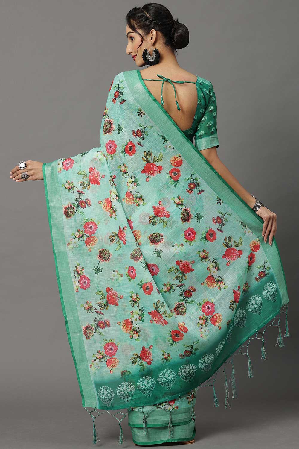 Buy Linen Banarasi Saree in Sea Green Online - Back