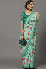 Buy Linen Banarasi Saree in Sea Green Online - Zoom In