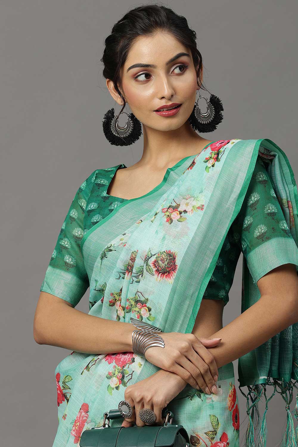 Buy Linen Banarasi Saree in Sea Green Online 