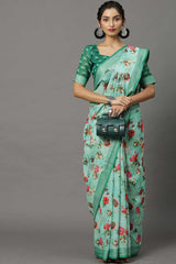 Buy Linen Banarasi Saree in Sea Green Online