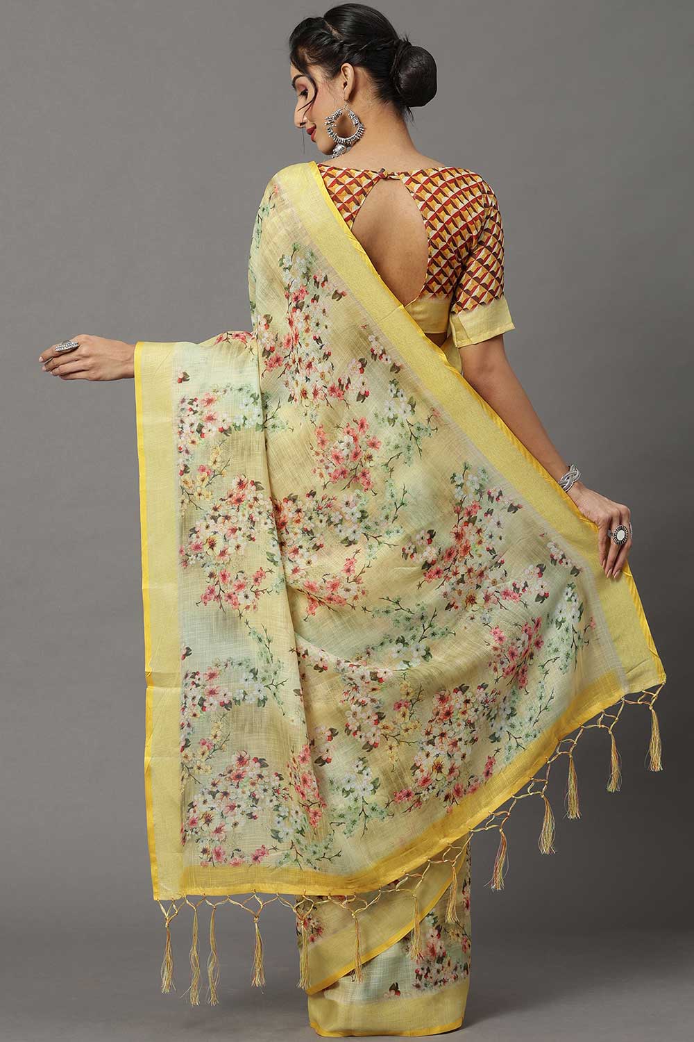 Buy Linen Banarasi Saree in Yellow Online - Back