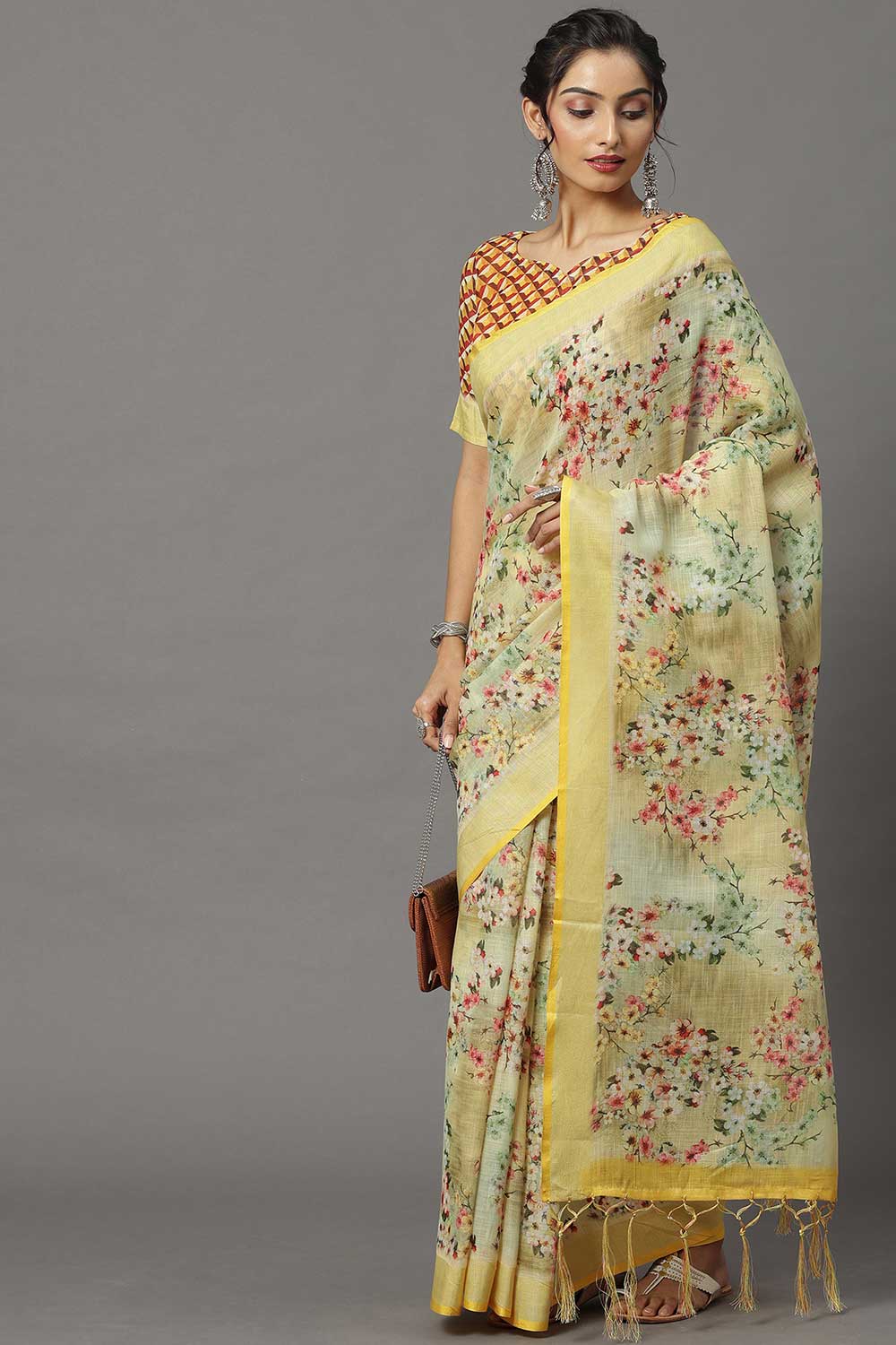 Buy Linen Banarasi Saree in Yellow Online - Zoom In