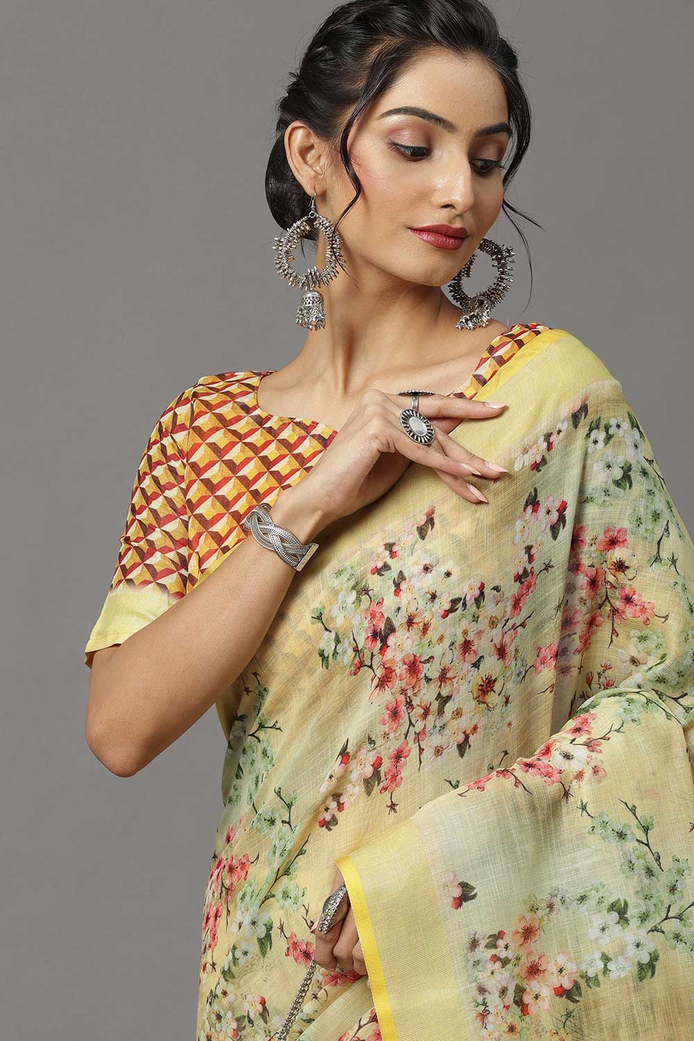 Buy Linen Banarasi Saree in Yellow Online 