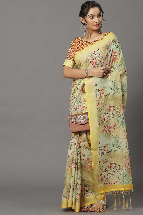 Buy Linen Banarasi Saree in Yellow Online