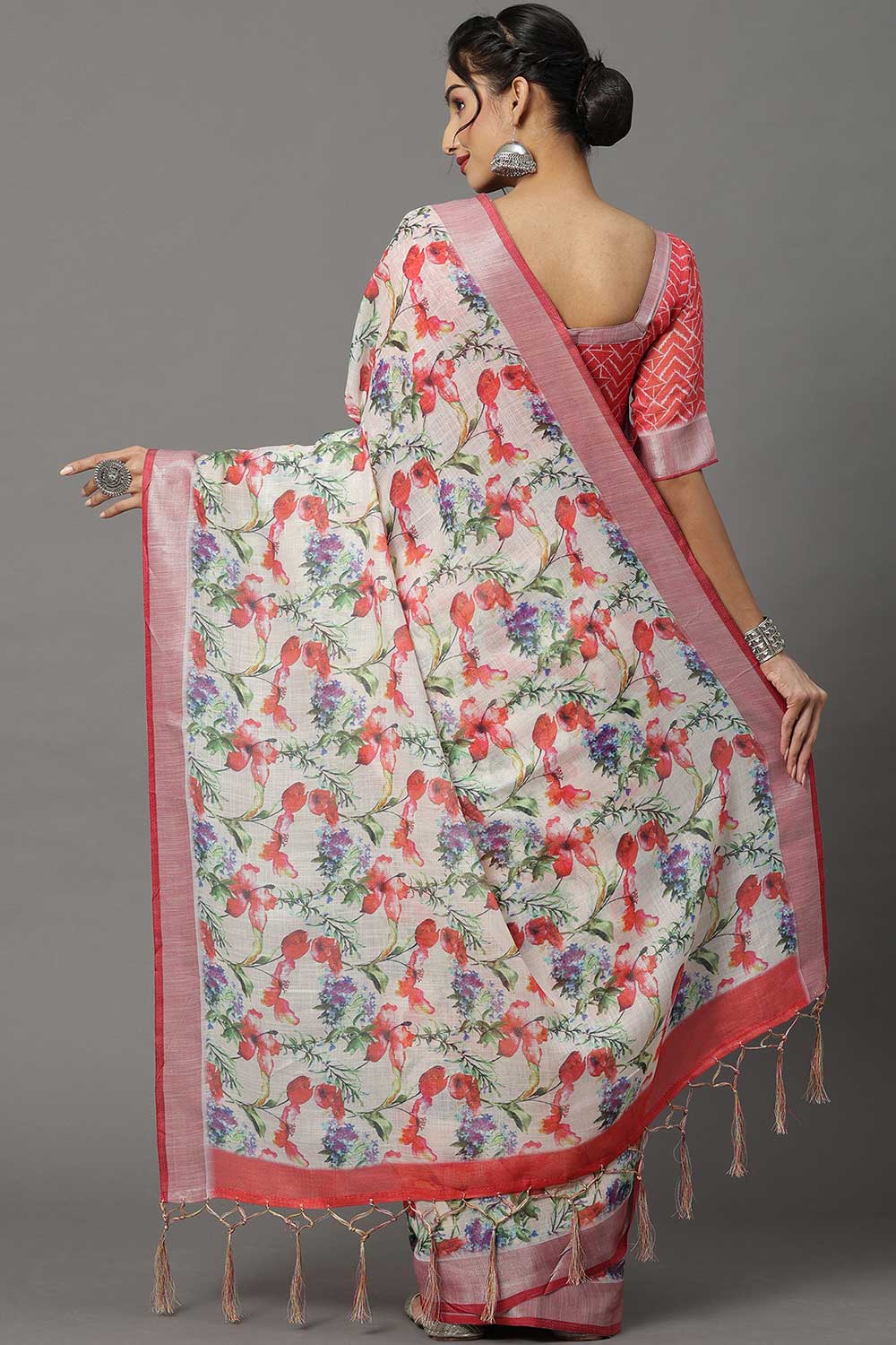 Buy Linen Botanical Design Saree in Off White Online - Back