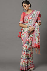 Buy Linen Botanical Design Saree in Off White Online - Zoom In