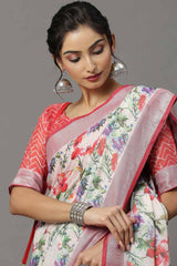 Buy Linen Botanical Design Saree in Off White Online 