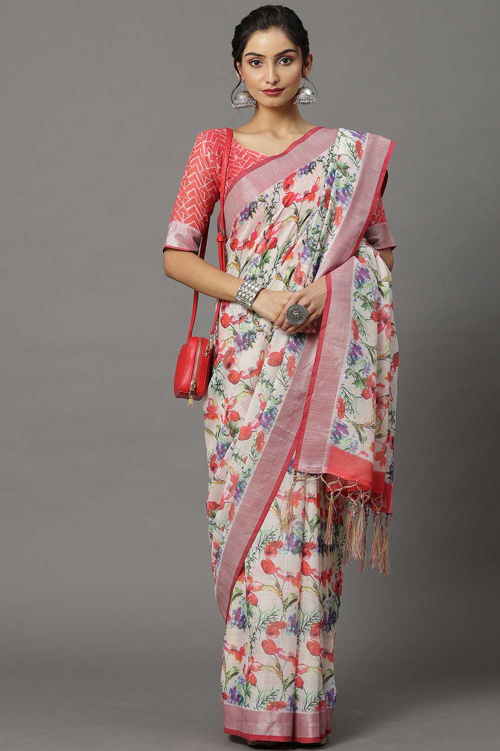 Buy Linen Botanical Design Saree in Off White Online