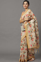 Buy Linen Banarasi Saree in Cream Online - Zoom In