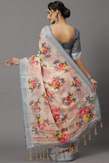 Buy Linen Banarasi Saree in Peach Online - Back