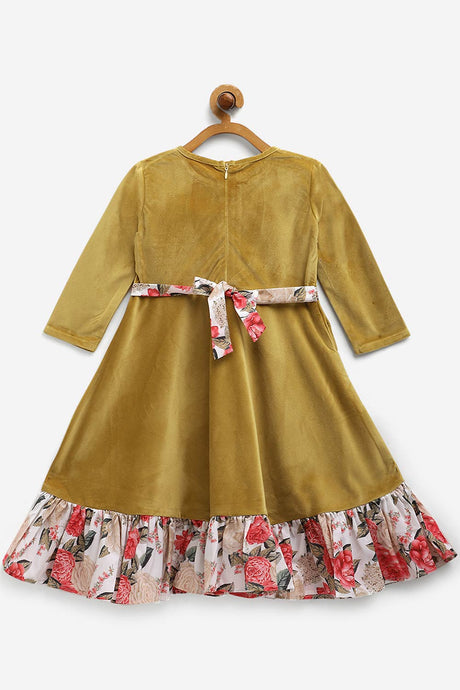 Girls Mustard Velvet Plain Kids Frilled Kurta Dress