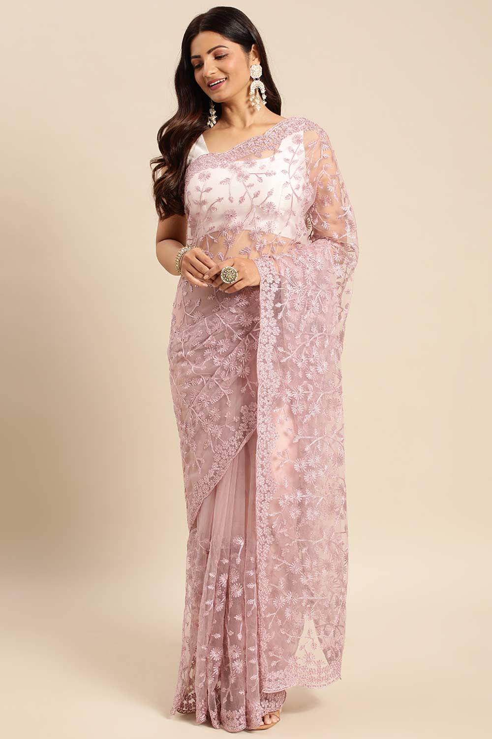 Lavender Net Floral Embroidered Saree