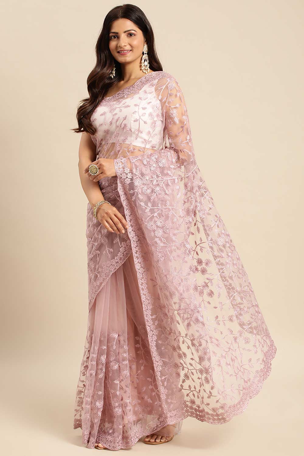 Lavender Net Floral Embroidered Saree