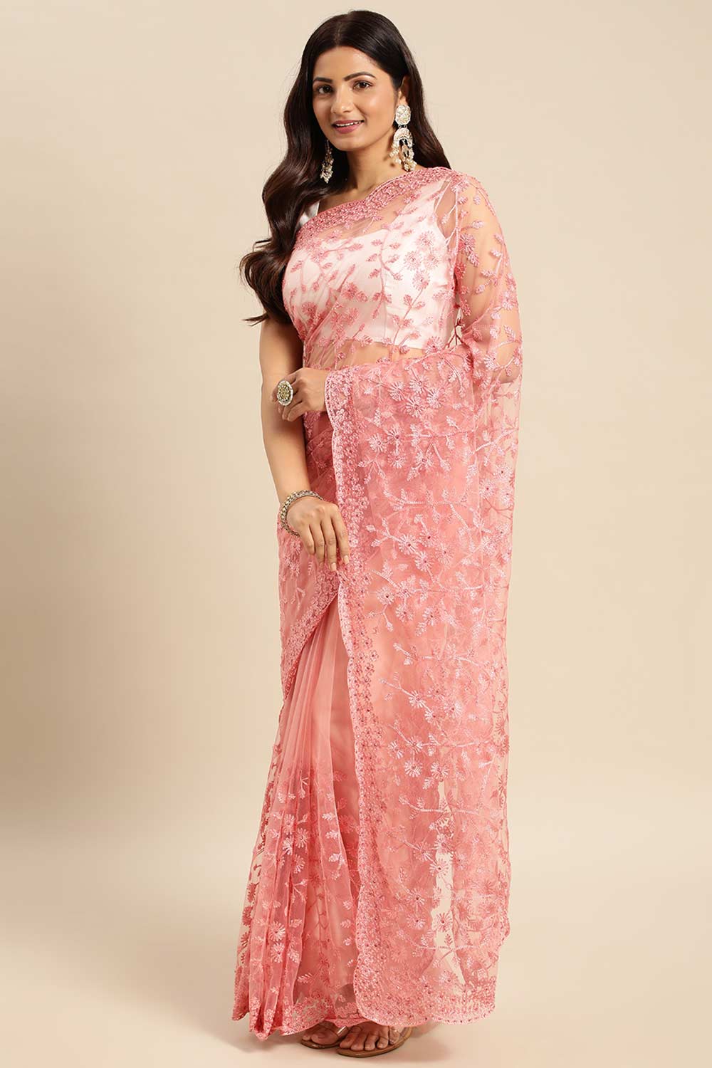 Pink Net Floral Embroidered Saree