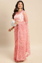 Pink Net Floral Embroidered Saree