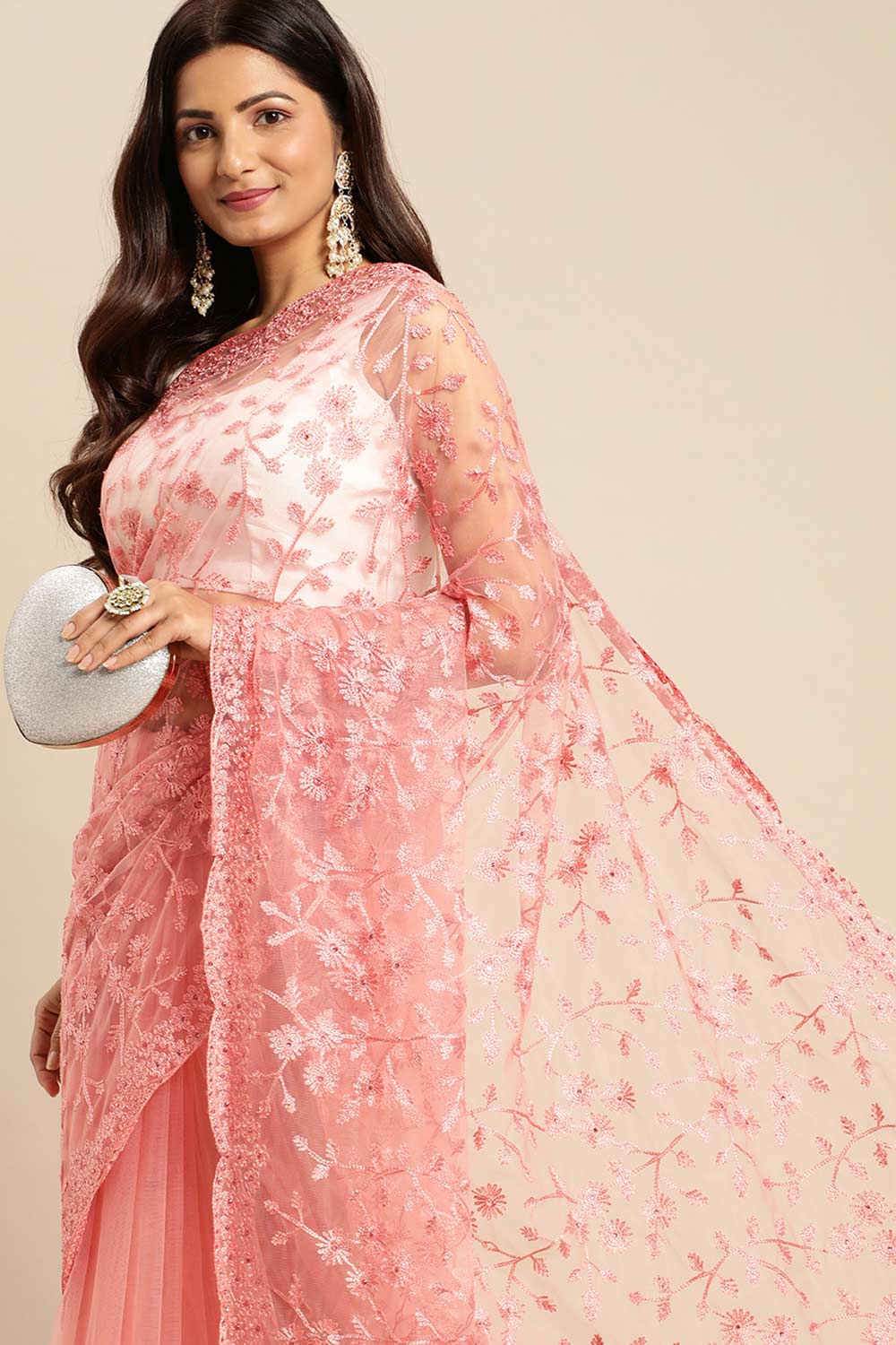 Pink Net Floral Embroidered Saree