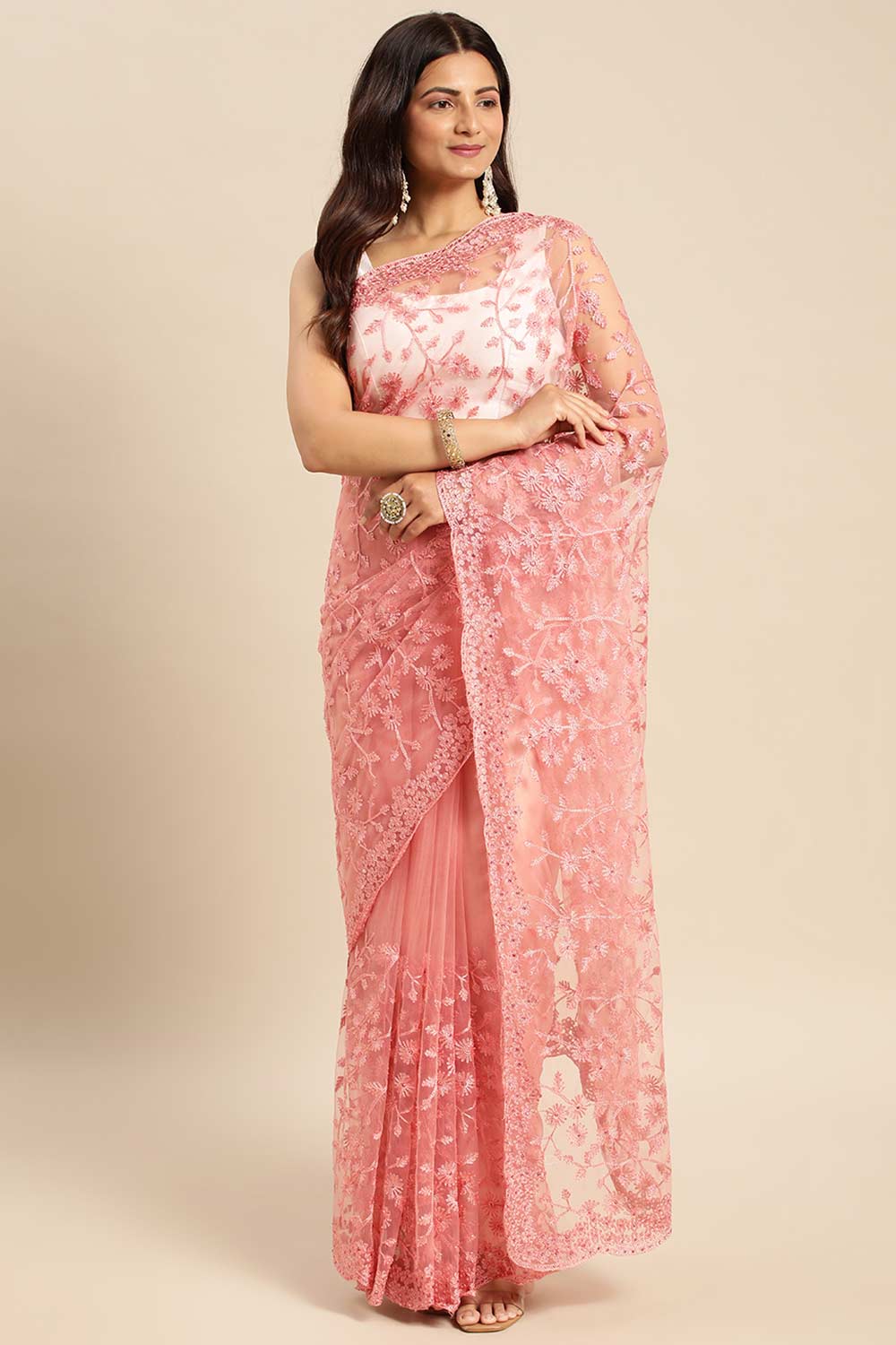 Pink Net Floral Embroidered Saree