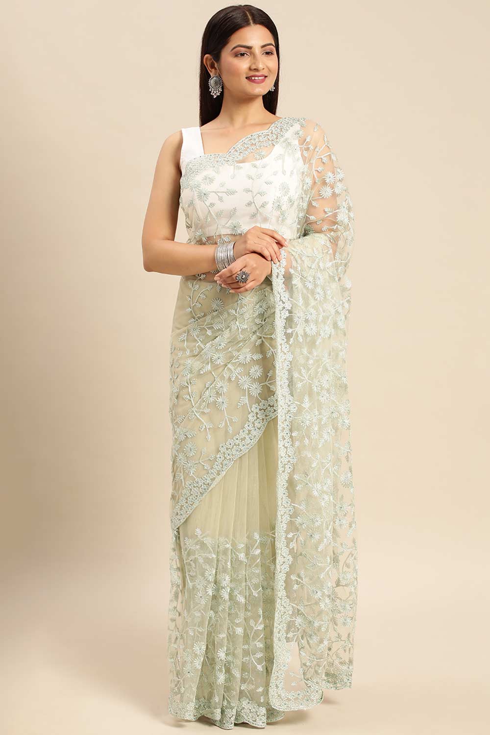 Pista Green Net Floral Embroidered Saree