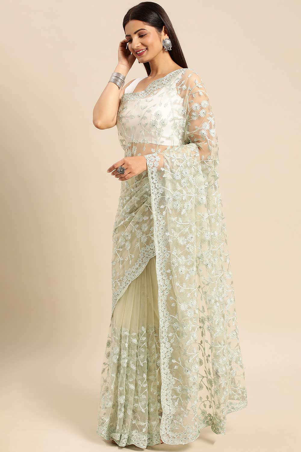 Pista Green Net Floral Embroidered Saree