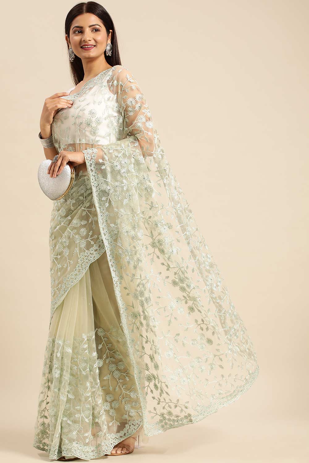 Pista Green Net Floral Embroidered Saree