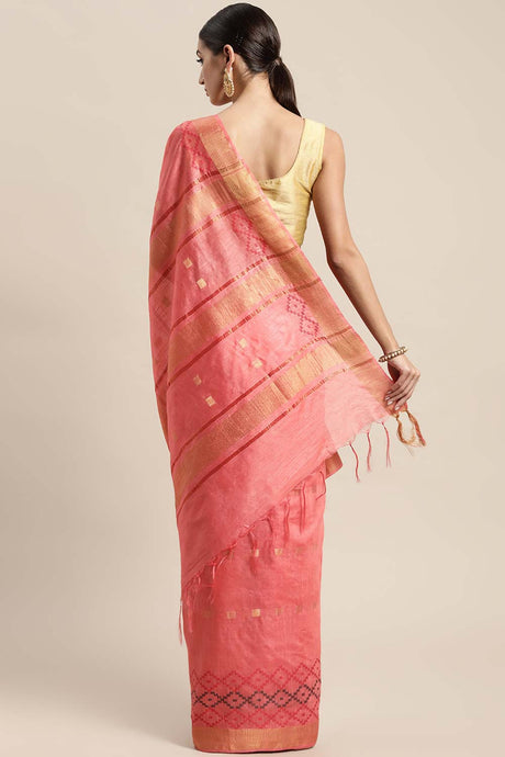 Peach Silk Blend Bhagalpuri Woven Design Saree