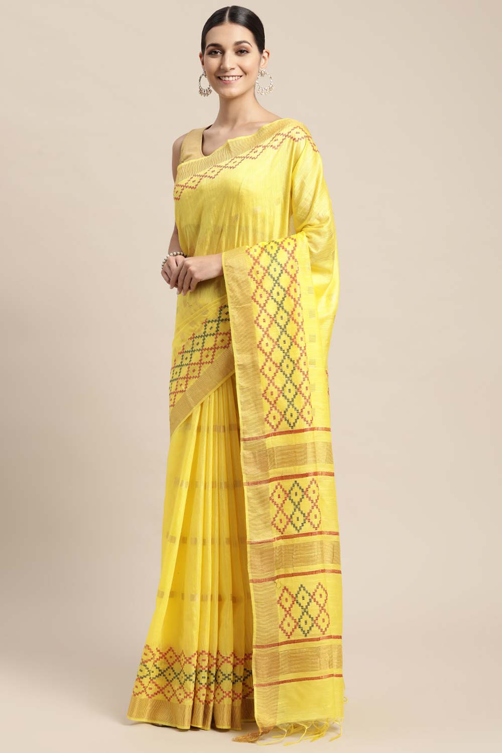 Yellow Silk Blend Bhagalpuri Woven Design Saree