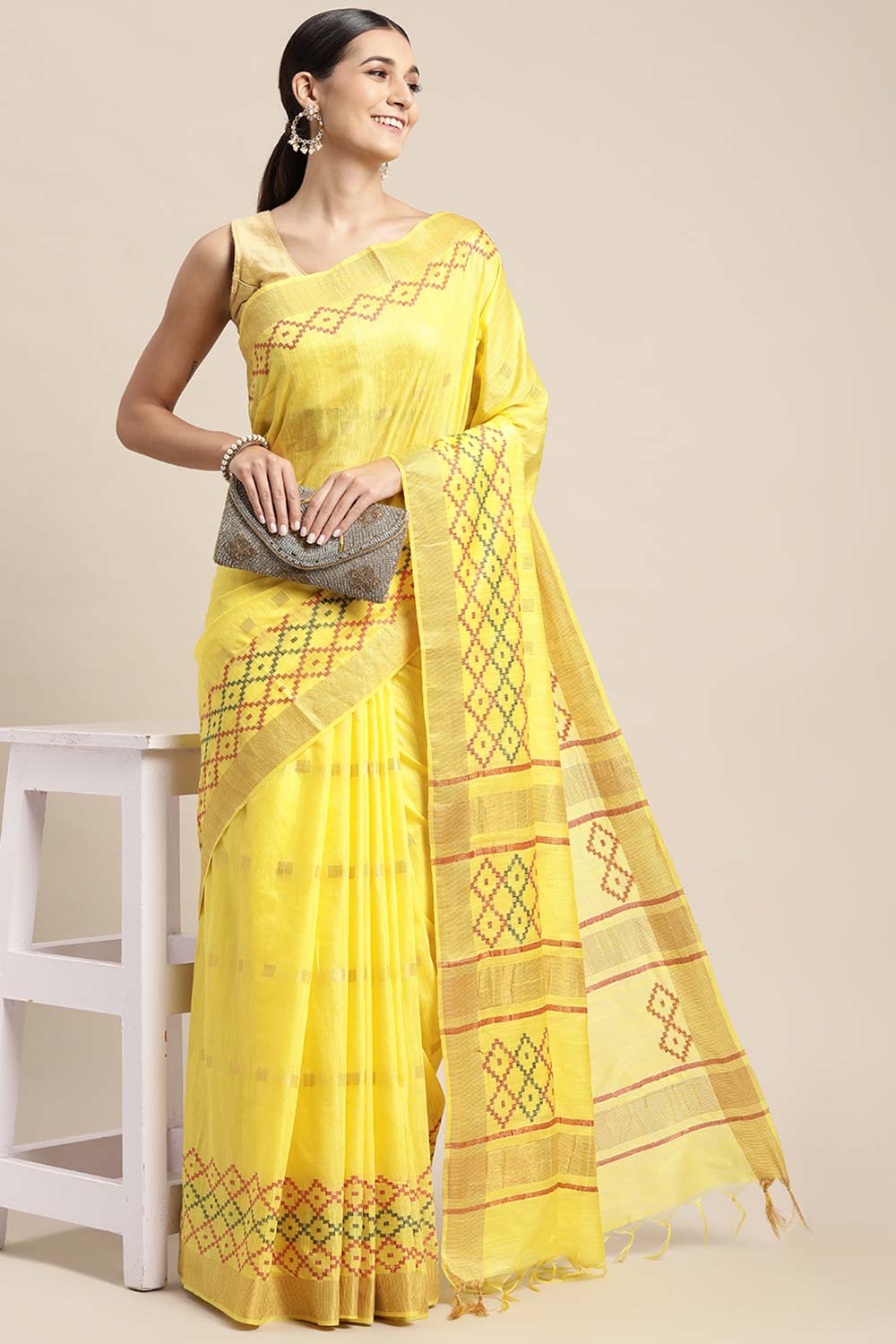 Yellow Silk Blend Bhagalpuri Woven Design Saree