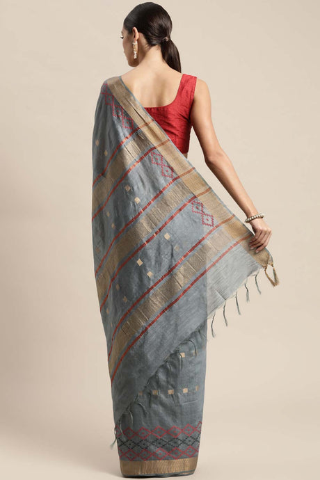 Grey Silk Blend Bhagalpuri Woven Design Saree