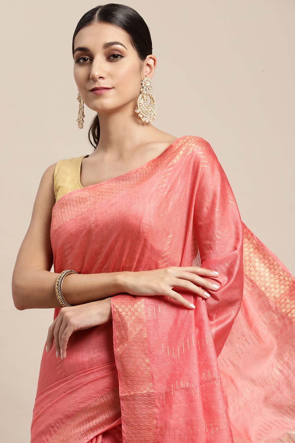 Peach Silk Blend Bhagalpuri Woven Design Saree