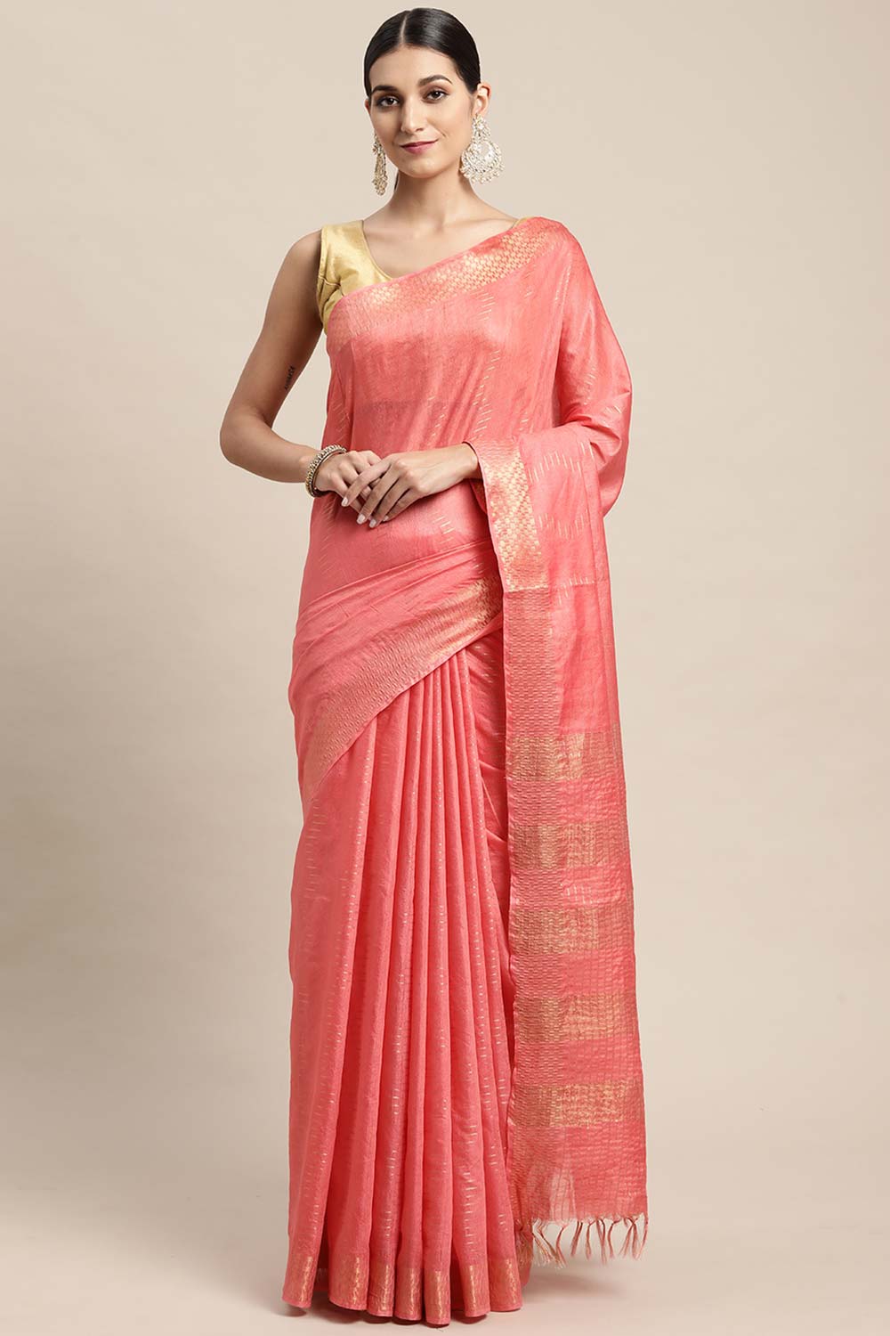 Peach Silk Blend Bhagalpuri Woven Design Saree