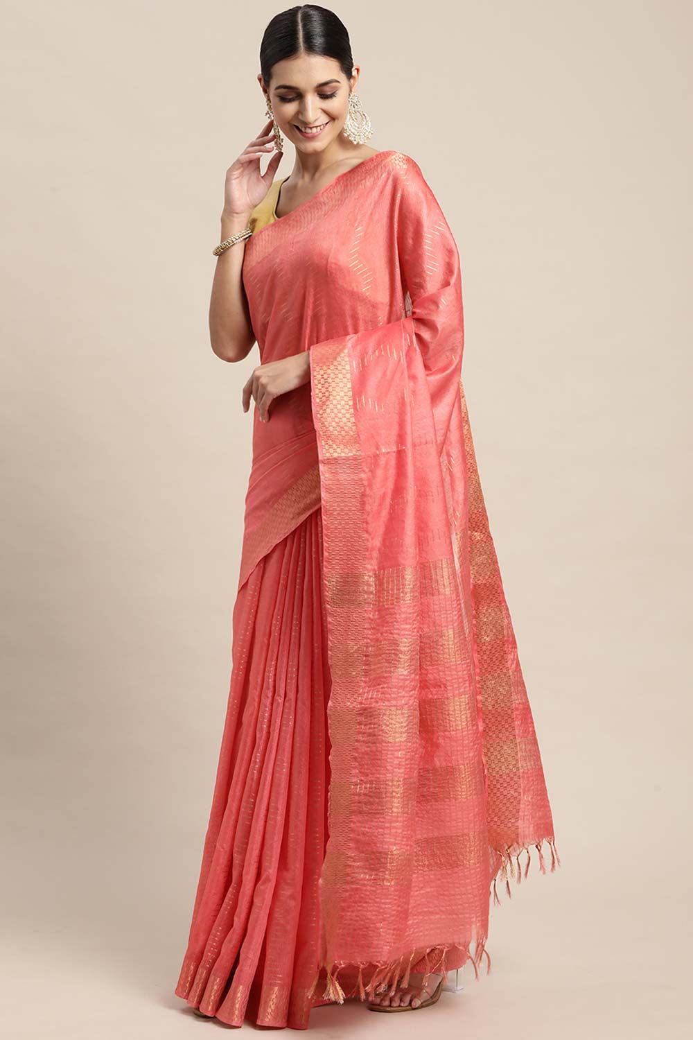 Peach Silk Blend Bhagalpuri Woven Design Saree