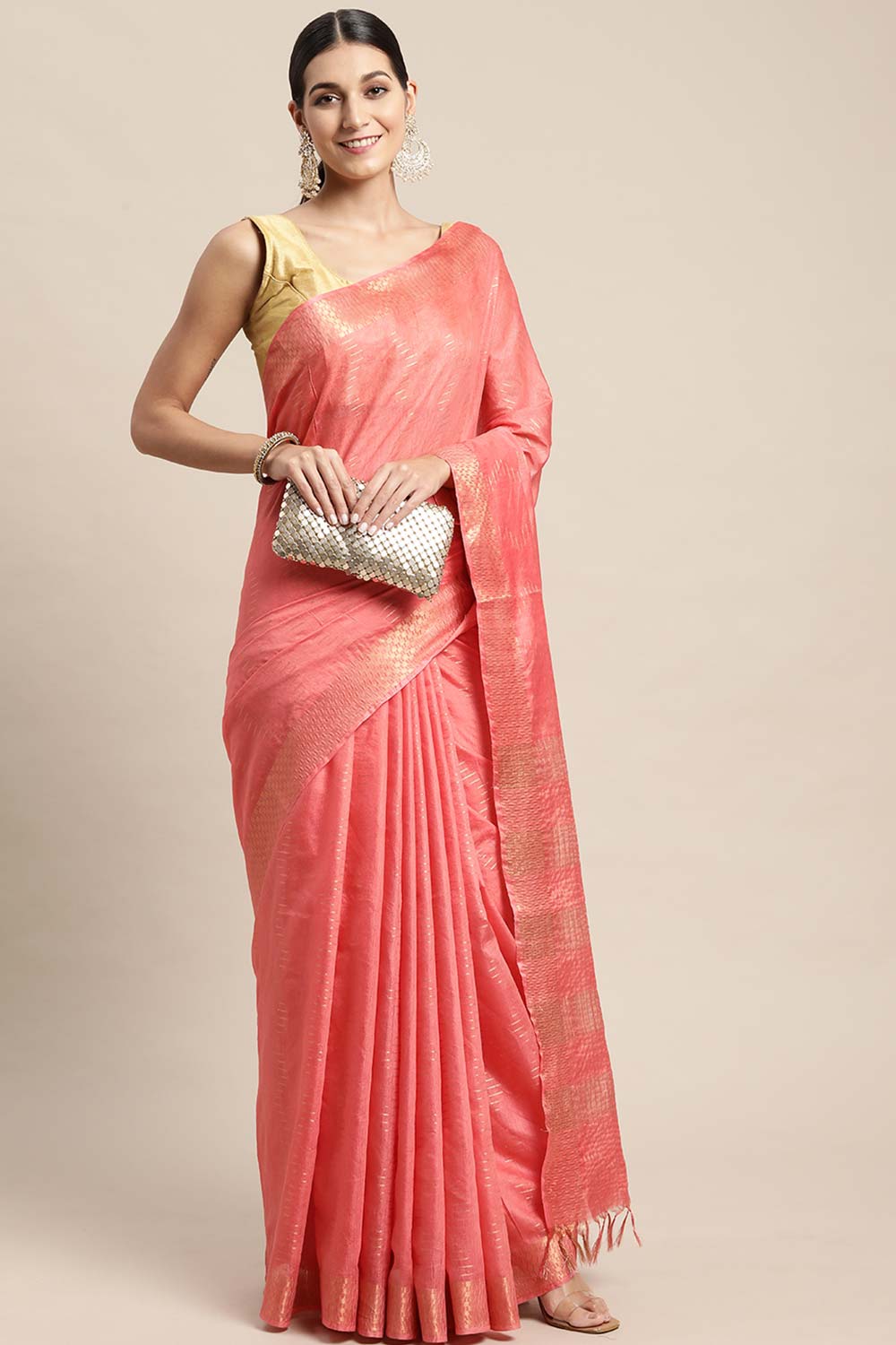 Peach Silk Blend Bhagalpuri Woven Design Saree