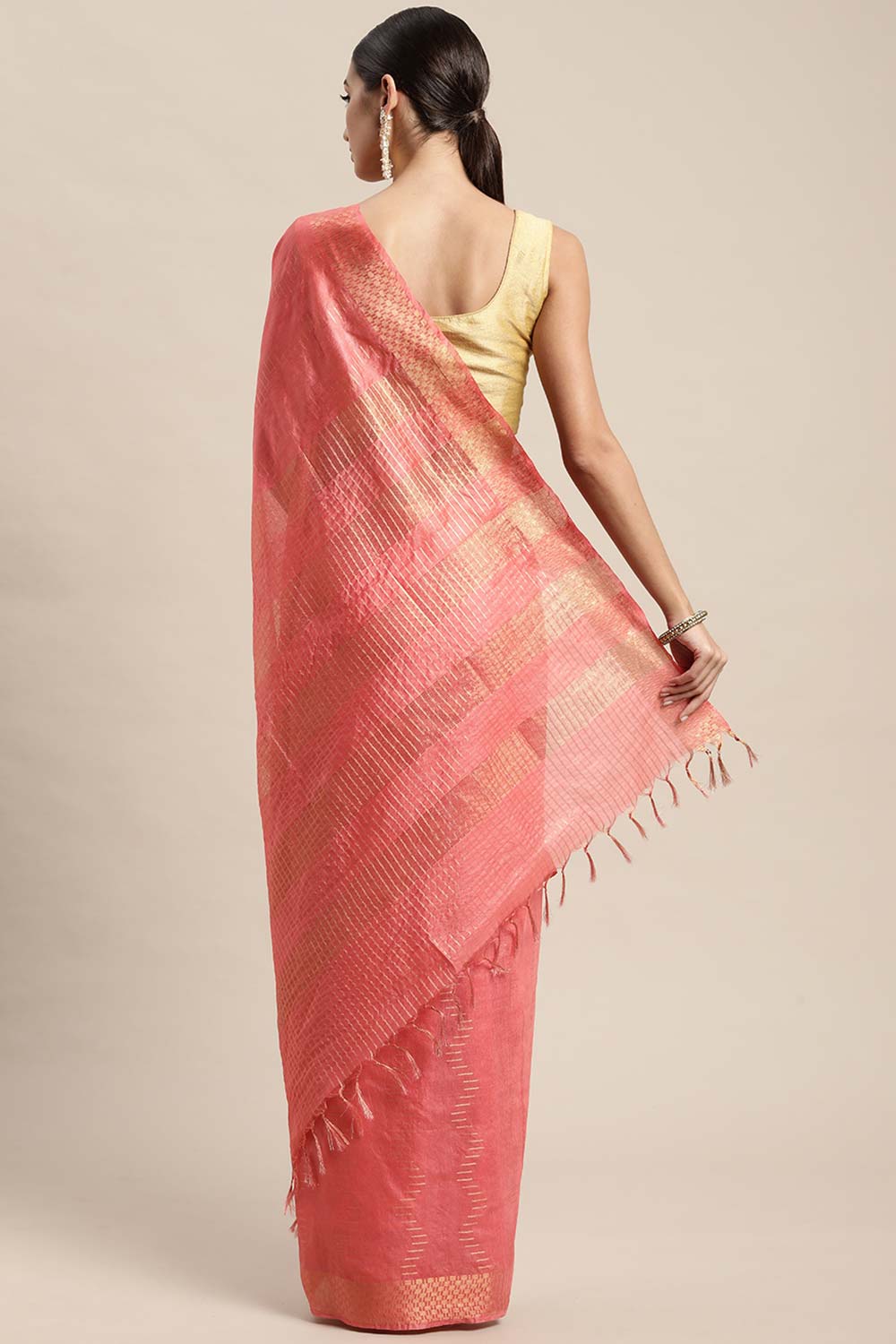 Peach Silk Blend Bhagalpuri Woven Design Saree