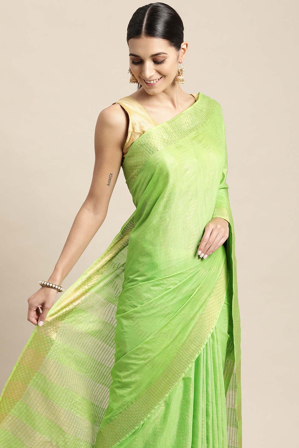 Green Silk Blend Bhagalpuri Woven Design Saree