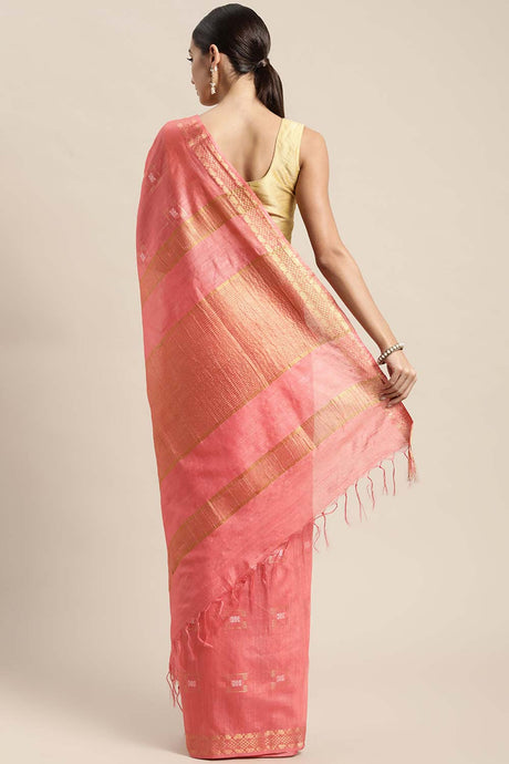 Peach Silk Blend Bhagalpuri Woven Design Saree