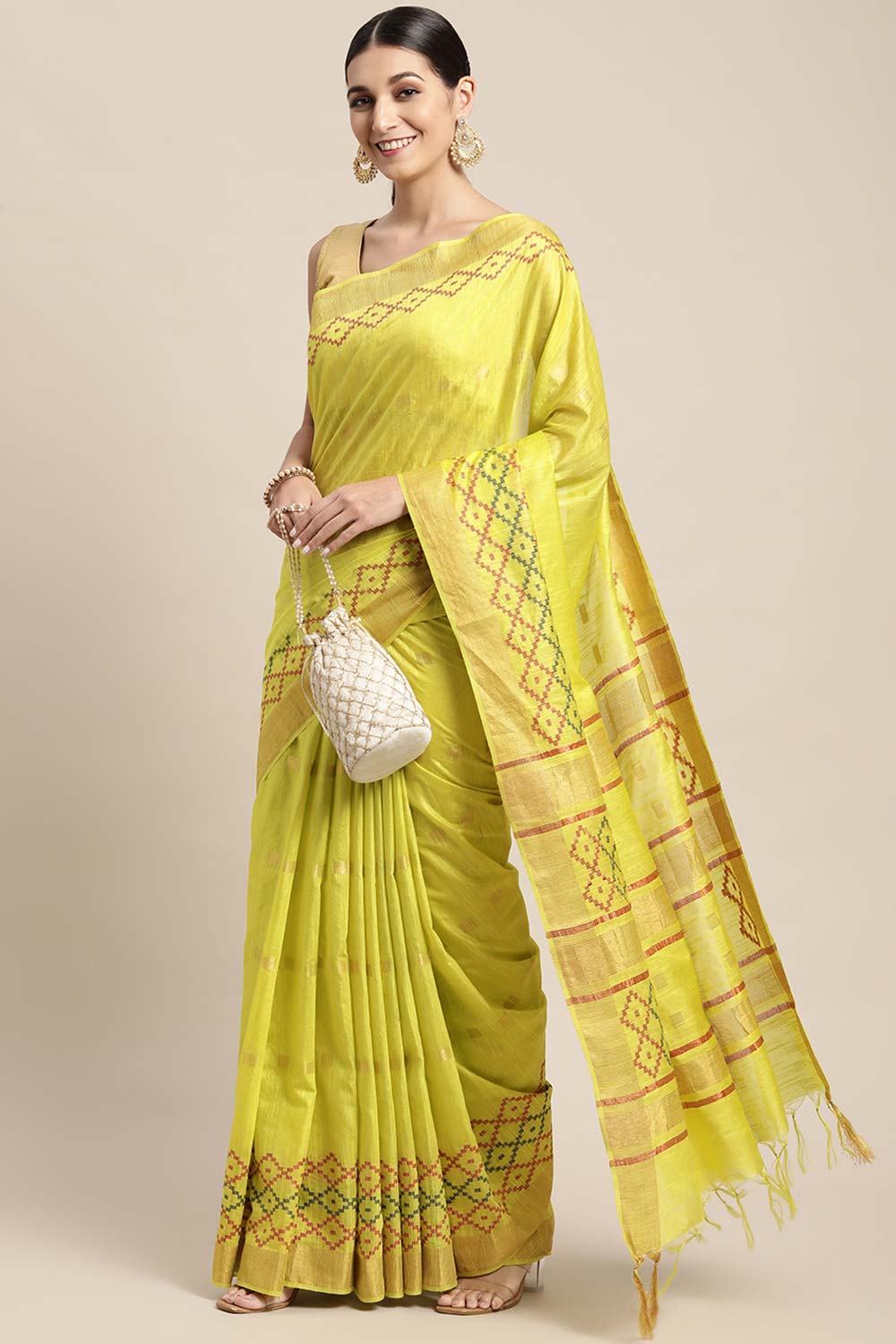 Lime Green Silk Blend Bhagalpuri Woven Design Saree