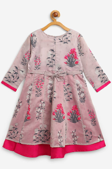 Girls Grey Chanderi Silk Pigment Print Kids Front Slit Kurta Dress