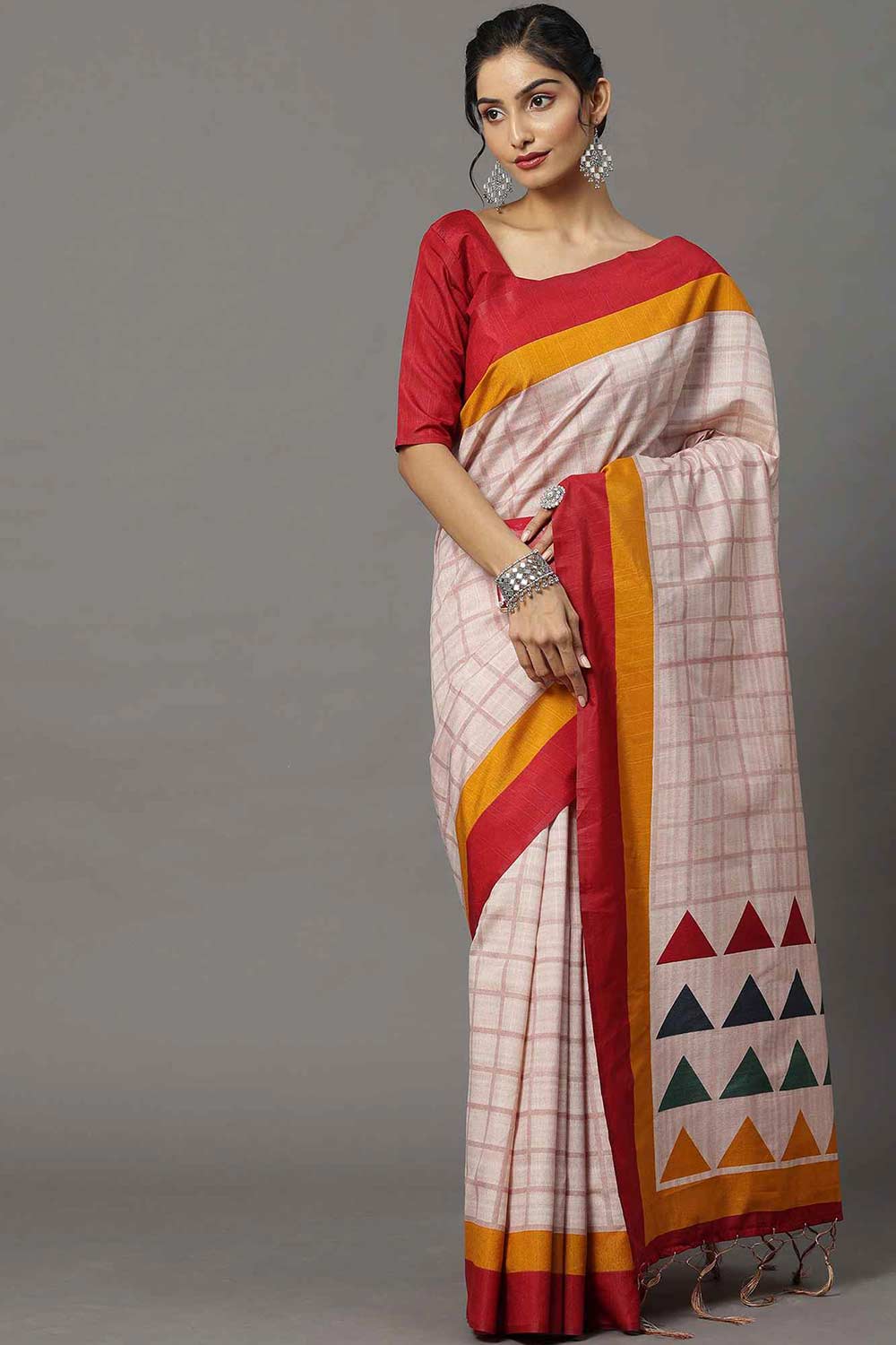 Bhagalpuri Silk Cream Printed Designer Saree With Blouse